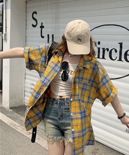 CANVAS+(キャンバスプラス)の「【CANVAS+】チェック半袖ルーズシャツ(シャツ/ブラウス・レディース・イエロー・M)」の3枚目の写真