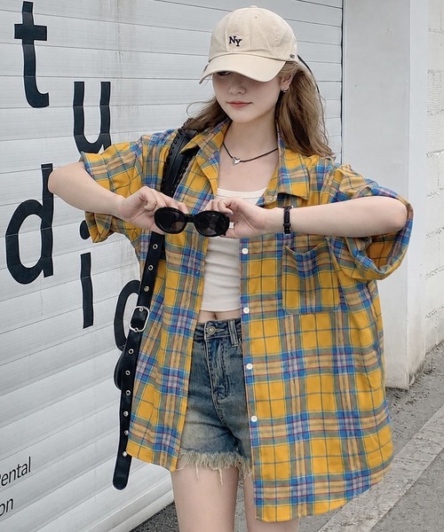 CANVAS+(キャンバスプラス)の「【CANVAS+】チェック半袖ルーズシャツ(シャツ/ブラウス・レディース・イエロー・M)」の4枚目の写真