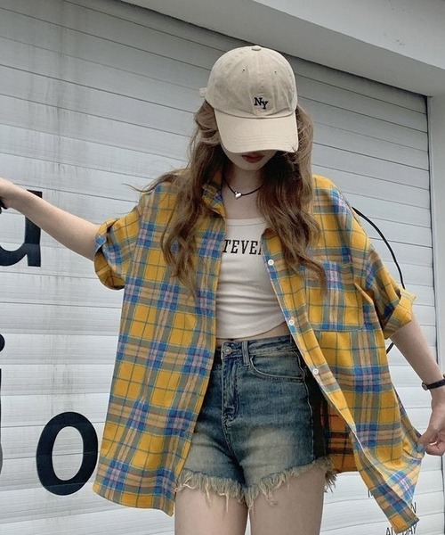 CANVAS+(キャンバスプラス)の「【CANVAS+】チェック半袖ルーズシャツ(シャツ/ブラウス・レディース・イエロー・M)」の5枚目の写真