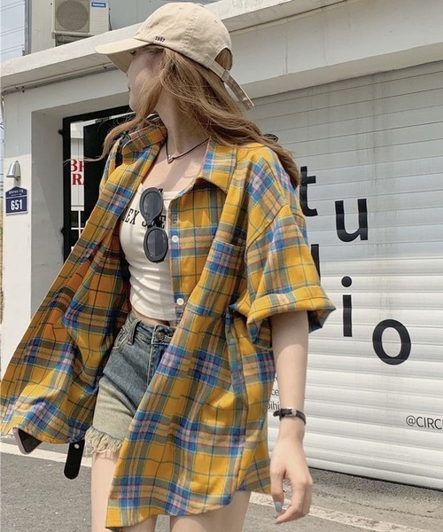 CANVAS+(キャンバスプラス)の「【CANVAS+】チェック半袖ルーズシャツ(シャツ/ブラウス・レディース・イエロー・M)」の7枚目の写真