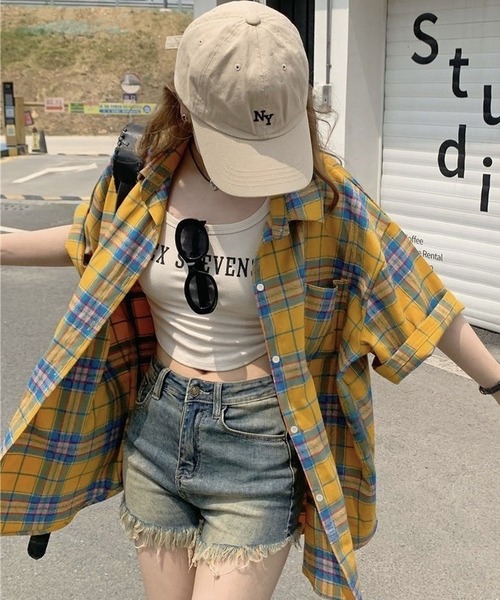 CANVAS+(キャンバスプラス)の「【CANVAS+】チェック半袖ルーズシャツ(シャツ/ブラウス・レディース・イエロー・M)」の8枚目の写真