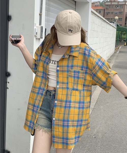 CANVAS+(キャンバスプラス)の「【CANVAS+】チェック半袖ルーズシャツ(シャツ/ブラウス・レディース・イエロー・M)」の10枚目の写真