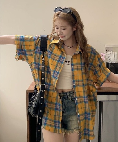 CANVAS+(キャンバスプラス)の「【CANVAS+】チェック半袖ルーズシャツ(シャツ/ブラウス・レディース・イエロー・M)」の12枚目の写真