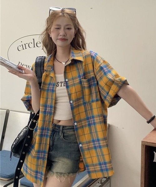 CANVAS+(キャンバスプラス)の「【CANVAS+】チェック半袖ルーズシャツ(シャツ/ブラウス・レディース・イエロー・M)」の13枚目の写真