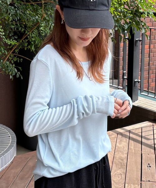 ISOOK（アイスー）の「【ISOOK / アイスー】シアーフライスプルオーバー / シアートップス シアーカットソー シアーインナー ロンT 長袖 ボートネック レイヤード フライス ZOZOTOWN限定（Tシャツ/カットソー・レディース・ネイビー/ホワイト/ライトブルー/レッド・FREE）」の3枚目の写真