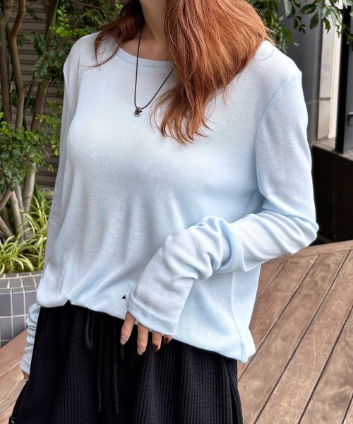 ISOOK（アイスー）の「【ISOOK / アイスー】シアーフライスプルオーバー / シアートップス シアーカットソー シアーインナー ロンT 長袖 ボートネック レイヤード フライス ZOZOTOWN限定（Tシャツ/カットソー・レディース・ネイビー/ホワイト/ライトブルー/レッド・FREE）」の7枚目の写真
