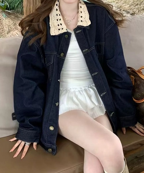 Teem Store(チームストア)の「襟クロシェレース切り替え デニムジャケット(デニムジャケット・レディース・ブルー・M)」の1枚目の写真
