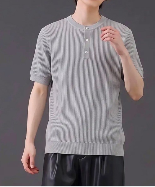 revertical(リバーティカル)の「ヘンリーネック 半袖リブニットTシャツ(ポロシャツ・メンズ・ブラック/グレー/ホワイト・MEDIUM/LARGE)」の3枚目の写真