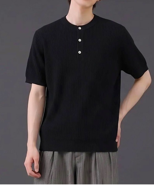 revertical(リバーティカル)の「ヘンリーネック 半袖リブニットTシャツ(ポロシャツ・メンズ・ブラック/グレー/ホワイト・MEDIUM/LARGE)」の2枚目の写真