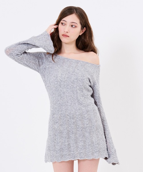 TINA:JOJUN(ティーナジョジュン)の「透かし編み フレア袖 ニットワンピース TINA:JOJUN(ワンピース・レディース・ミント/グレー・M)」の1枚目の写真