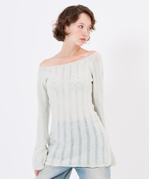 TINA:JOJUN(ティーナジョジュン)の「透かし編み フレア袖 ニットワンピース TINA:JOJUN(ワンピース・レディース・ミント/グレー・M)」の2枚目の写真