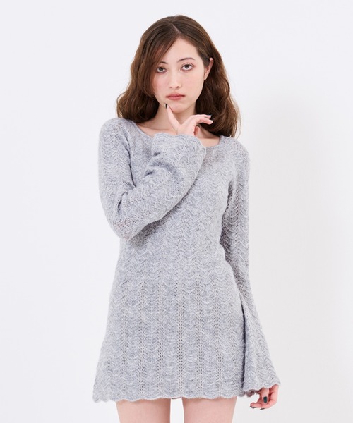 TINA:JOJUN(ティーナジョジュン)の「透かし編み フレア袖 ニットワンピース TINA:JOJUN(ワンピース・レディース・ミント/グレー・M)」の8枚目の写真