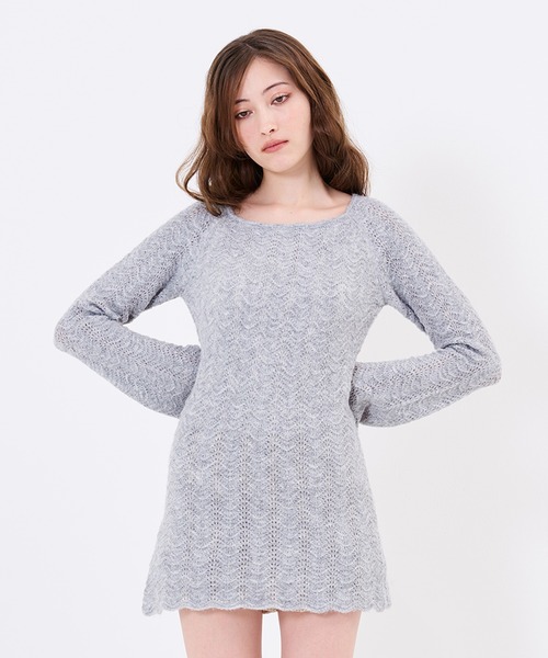 TINA:JOJUN(ティーナジョジュン)の「透かし編み フレア袖 ニットワンピース TINA:JOJUN(ワンピース・レディース・ミント/グレー・M)」の9枚目の写真