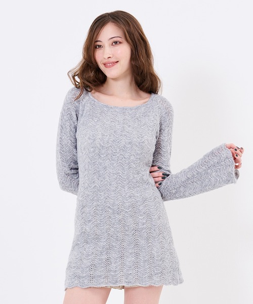 TINA:JOJUN(ティーナジョジュン)の「透かし編み フレア袖 ニットワンピース TINA:JOJUN(ワンピース・レディース・ミント/グレー・M)」の10枚目の写真