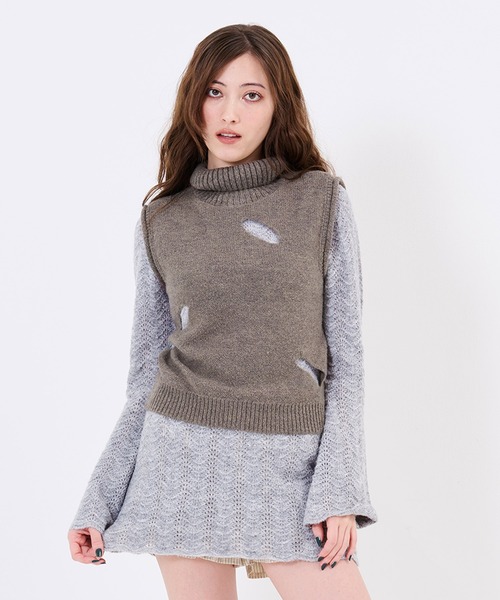 TINA:JOJUN(ティーナジョジュン)の「透かし編み フレア袖 ニットワンピース TINA:JOJUN(ワンピース・レディース・ミント/グレー・M)」の11枚目の写真