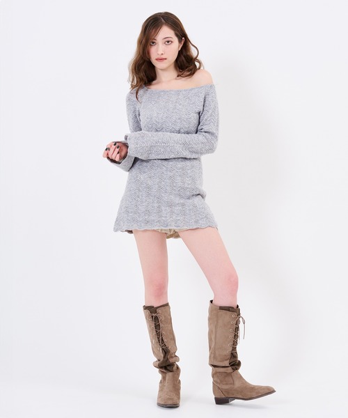 TINA:JOJUN(ティーナジョジュン)の「透かし編み フレア袖 ニットワンピース TINA:JOJUN(ワンピース・レディース・ミント/グレー・M)」の12枚目の写真