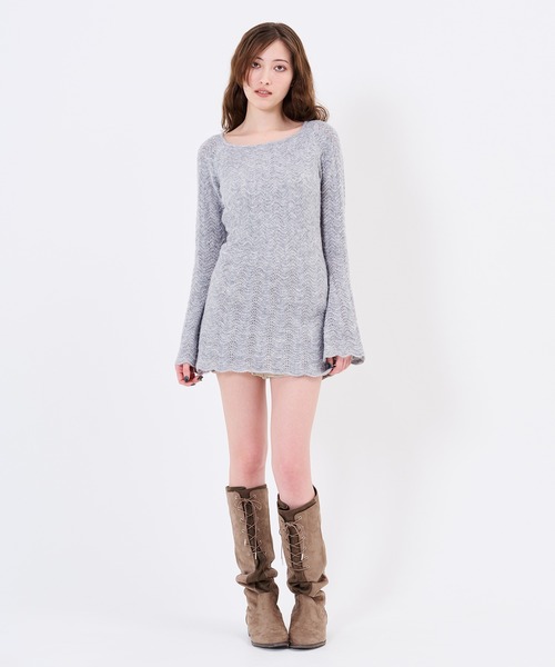 TINA:JOJUN(ティーナジョジュン)の「透かし編み フレア袖 ニットワンピース TINA:JOJUN(ワンピース・レディース・ミント/グレー・M)」の14枚目の写真