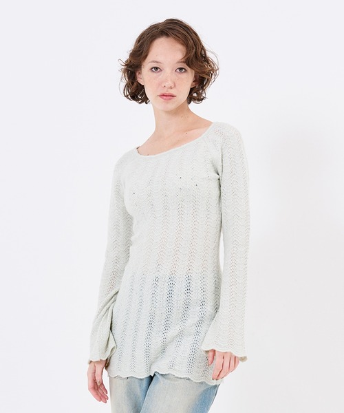 TINA:JOJUN(ティーナジョジュン)の「透かし編み フレア袖 ニットワンピース TINA:JOJUN(ワンピース・レディース・ミント/グレー・M)」の18枚目の写真