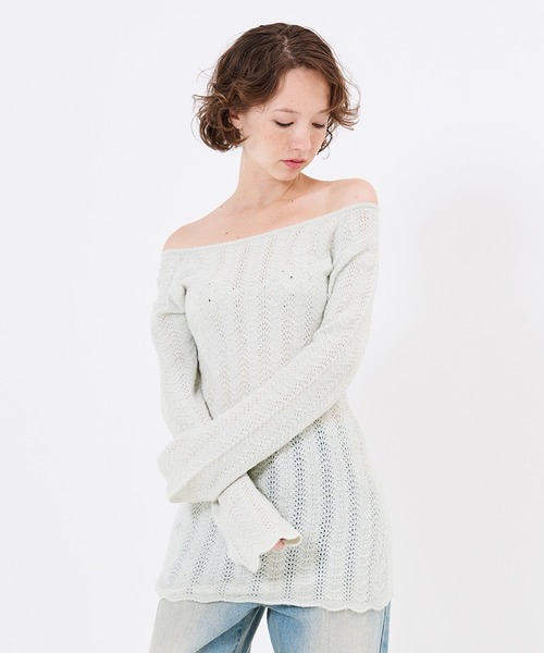 TINA:JOJUN(ティーナジョジュン)の「透かし編み フレア袖 ニットワンピース TINA:JOJUN(ワンピース・レディース・ミント/グレー・M)」の19枚目の写真