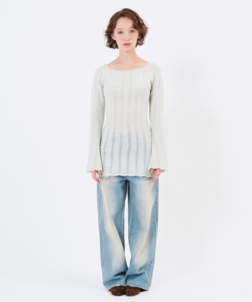 TINA:JOJUN(ティーナジョジュン)の「透かし編み フレア袖 ニットワンピース TINA:JOJUN(ワンピース・レディース・ミント/グレー・M)」の4枚目の写真