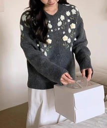 立体フラワー×ジャガードニットカーディガン