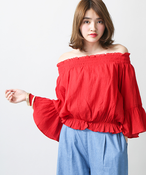 WEGO(ウィゴー)の「WEGO/フレアオフショルブラウス(シャツ/ブラウス・レディース・レッド/ホワイト/その他1/その他2/その他3/その他4・LARGE/MEDIUM)」の3枚目の写真