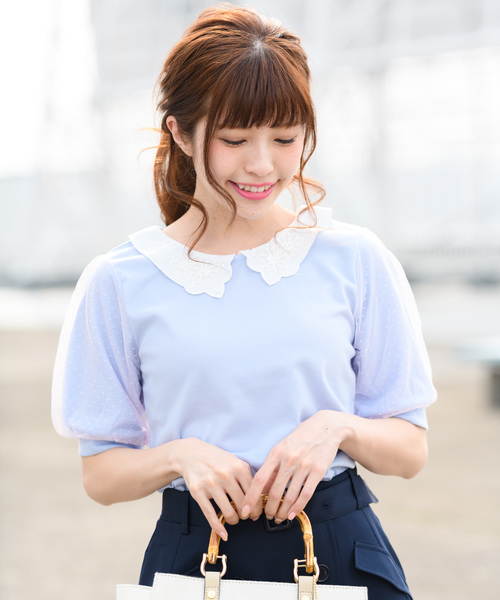 Rewde（ルゥデ）の「襟付き袖ﾁｭｰﾙｶｯﾄｿｰ（8R15-03006）（Tシャツ/カットソー・レディース・ホワイト/ネイビー/サックスブルー・M）」の3枚目の写真