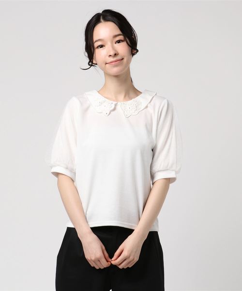 Rewde（ルゥデ）の「襟付き袖ﾁｭｰﾙｶｯﾄｿｰ（8R15-03006）（Tシャツ/カットソー・レディース・ホワイト/ネイビー/サックスブルー・M）」の10枚目の写真