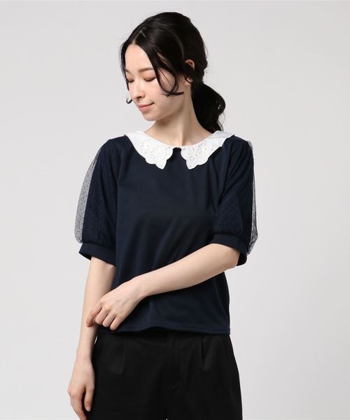 Rewde（ルゥデ）の「襟付き袖ﾁｭｰﾙｶｯﾄｿｰ（8R15-03006）（Tシャツ/カットソー・レディース・ホワイト/ネイビー/サックスブルー・M）」の11枚目の写真