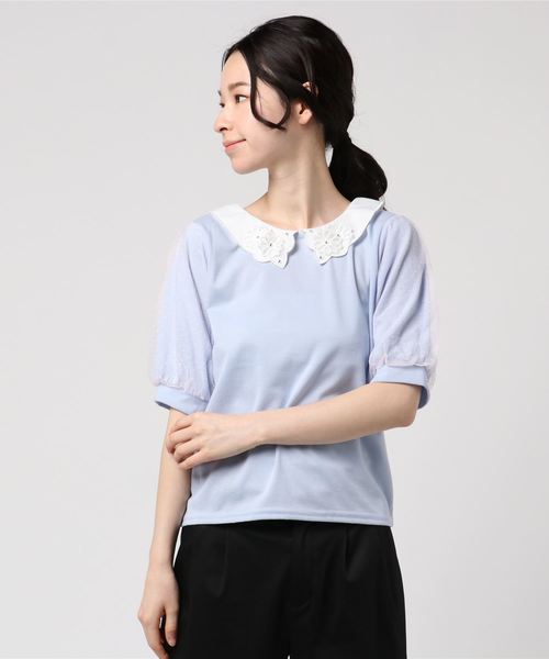 Rewde（ルゥデ）の「襟付き袖ﾁｭｰﾙｶｯﾄｿｰ（8R15-03006）（Tシャツ/カットソー・レディース・ホワイト/ネイビー/サックスブルー・M）」の12枚目の写真