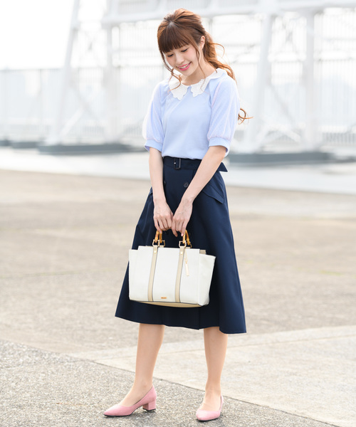 Rewde（ルゥデ）の「襟付き袖ﾁｭｰﾙｶｯﾄｿｰ（8R15-03006）（Tシャツ/カットソー・レディース・ホワイト/ネイビー/サックスブルー・M）」の7枚目の写真