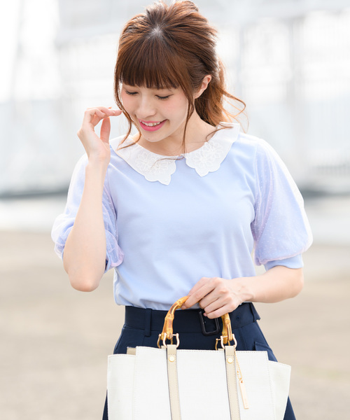 Rewde（ルゥデ）の「襟付き袖ﾁｭｰﾙｶｯﾄｿｰ（8R15-03006）（Tシャツ/カットソー・レディース・ホワイト/ネイビー/サックスブルー・M）」の6枚目の写真