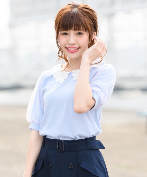 Rewde（ルゥデ）の「襟付き袖ﾁｭｰﾙｶｯﾄｿｰ（8R15-03006）（Tシャツ/カットソー・レディース・ホワイト/ネイビー/サックスブルー・M）」の13枚目の写真