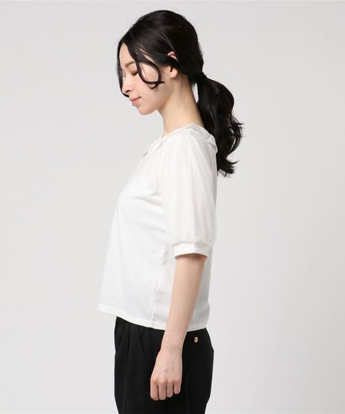 Rewde（ルゥデ）の「襟付き袖ﾁｭｰﾙｶｯﾄｿｰ（8R15-03006）（Tシャツ/カットソー・レディース・ホワイト/ネイビー/サックスブルー・M）」の4枚目の写真