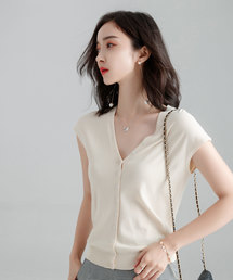 SAISON DE PAPILLON | Vネックフレンチスリーブサマーニットトップス(Tシャツ/カットソー)