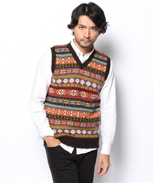 美品 Jamieson's ウールベストM グリーン ネイビー ブラウン green label relaxing（グリーンレーベルリラクシング）の