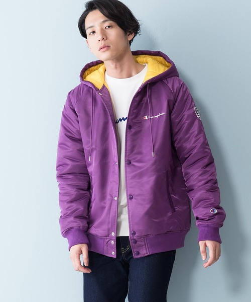 Champion(チャンピオン)の「【CHAMPION/チャンピオン】フーデッドブルゾン C3-Q605 保温性 『Thermo Lite』 フード中綿ジャケット 星条旗(ブルゾン・メンズ・ブラック/パープル/ベージュ・MEDIUM/X-LARGE/LARGE)」の1枚目の写真