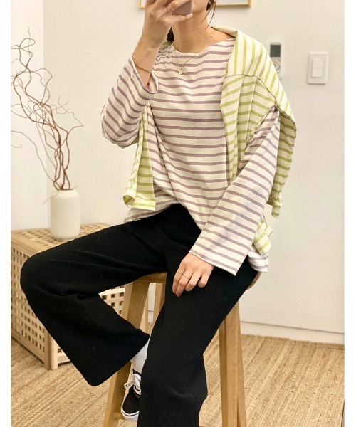 210nouve(トゥージュヌーブ)の「オーバーサイズボーダーロングスリーブTシャツ(Tシャツ/カットソー・レディース・ベージュ/ネイビー/サックスブルー/ミント/ホワイト×ブラック/パープル/ブラウン/グリーン・FREE)」の8枚目の写真