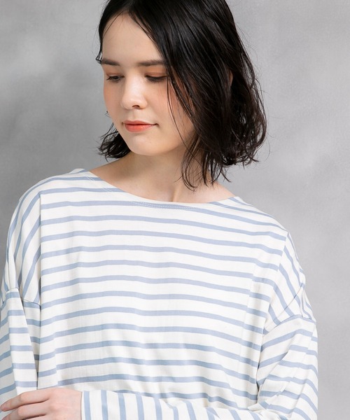 210nouve(トゥージュヌーブ)の「オーバーサイズボーダーロングスリーブTシャツ(Tシャツ/カットソー・レディース・ベージュ/ネイビー/サックスブルー/ミント/ホワイト×ブラック/パープル/ブラウン/グリーン・FREE)」の19枚目の写真