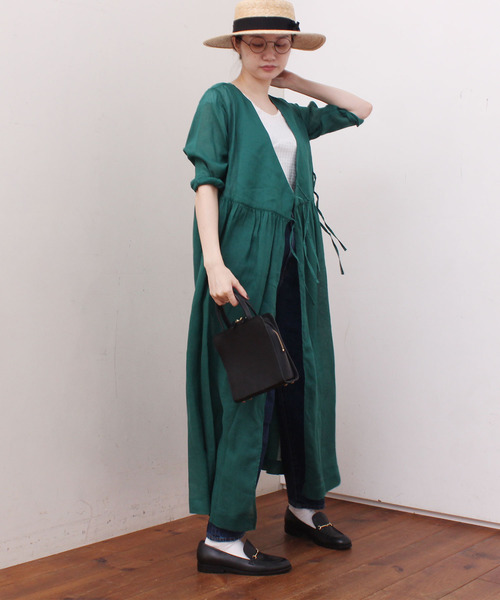 フィグロンドン　カシュクールワンピース　リネン　グリーン フィグロンドン カシュクールワンピース リネン グリーン