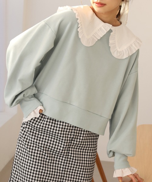 one after another NICE CLAUP（ワンアフターアナザーナイスクラップ）の「ビッグカラ―フリルプルオーバー（Tシャツ/カットソー・レディース・ブラック/オフホワイト/ミント・FREE）」の3枚目の写真