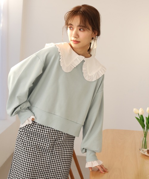 one after another NICE CLAUP（ワンアフターアナザーナイスクラップ）の「ビッグカラ―フリルプルオーバー（Tシャツ/カットソー・レディース・ブラック/オフホワイト/ミント・FREE）」の5枚目の写真