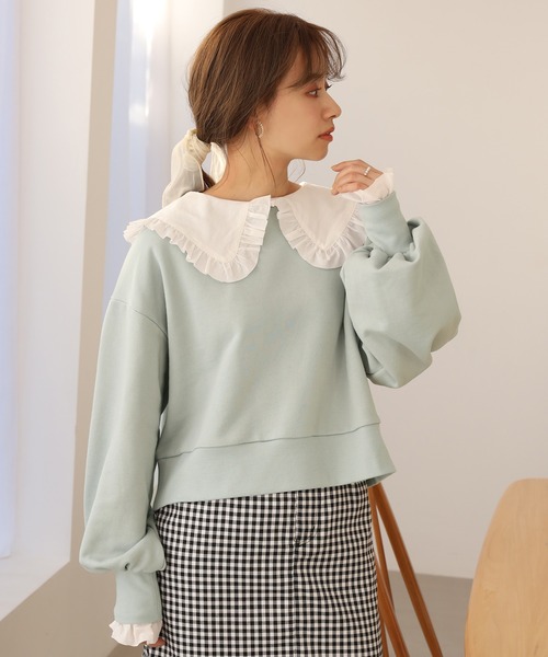 one after another NICE CLAUP（ワンアフターアナザーナイスクラップ）の「ビッグカラ―フリルプルオーバー（Tシャツ/カットソー・レディース・ブラック/オフホワイト/ミント・FREE）」の6枚目の写真