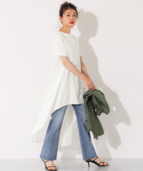 coca(coca)(コカ)の「接触冷感とろみテールカットチュニック(Tシャツ/カットソー・レディース・ホワイト/ブラック/カーキ・M/L)」の1枚目の写真