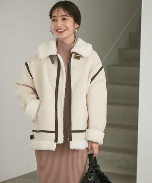 VIS（ビス）の「暖かボア付きエコムートンジャケット（ムートンコート・レディース・ベージュ/ホワイト・FREE）」の2枚目の写真