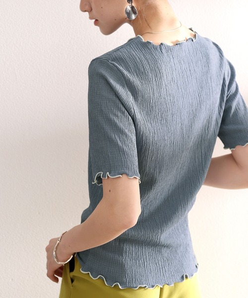 classicalelf(クラシカルエルフ)の「夏に大活躍!胸きゅん、褒められトップス。配色メロウ5分袖シャーリングトップス(Tシャツ/カットソー・レディース・ブラック/パープル/ピンク/ブルー/グリーン/アイボリー/モカ/グレイッシュベージュ・SMALL/MEDIUM/LARGE/X-LARGE)」の21枚目の写真