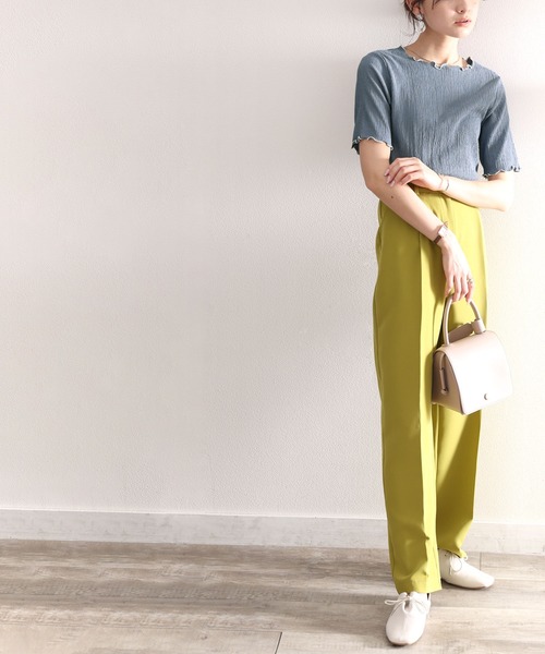 classicalelf(クラシカルエルフ)の「夏に大活躍!胸きゅん、褒められトップス。配色メロウ5分袖シャーリングトップス(Tシャツ/カットソー・レディース・ブラック/パープル/ピンク/ブルー/グリーン/アイボリー/モカ/グレイッシュベージュ・SMALL/MEDIUM/LARGE/X-LARGE)」の20枚目の写真