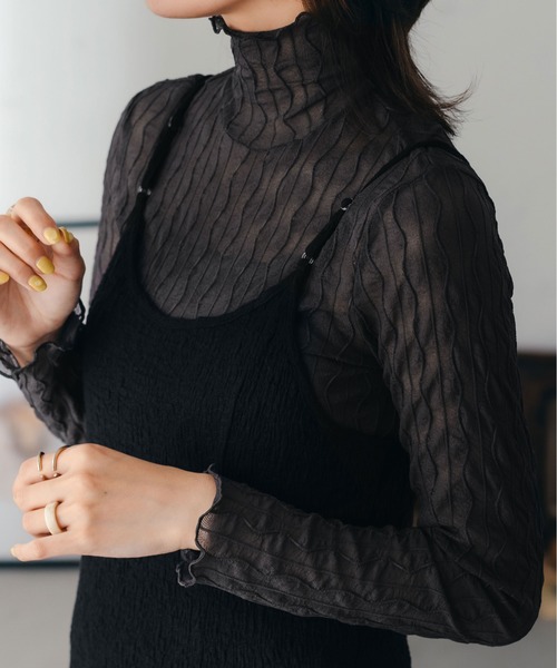 fupel（フぺル）の「シアーハイネック柄トップス（Tシャツ/カットソー・レディース・チャコールグレー/ダークブラウン/アイボリー・FREE）」の2枚目の写真