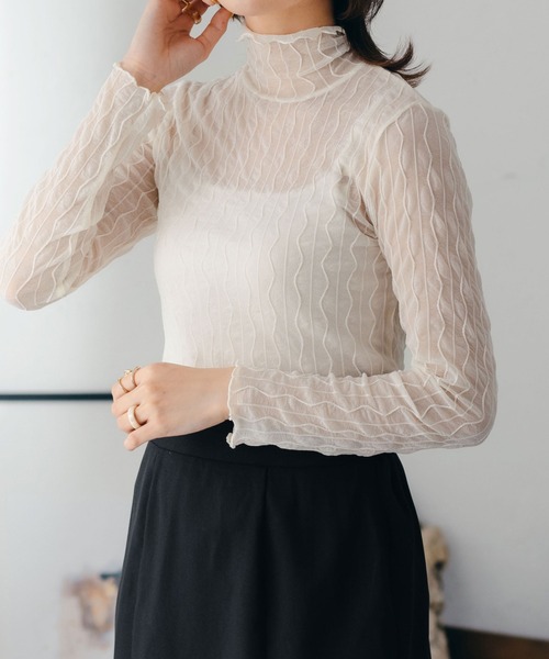 fupel（フぺル）の「シアーハイネック柄トップス（Tシャツ/カットソー・レディース・チャコールグレー/ダークブラウン/アイボリー・FREE）」の5枚目の写真