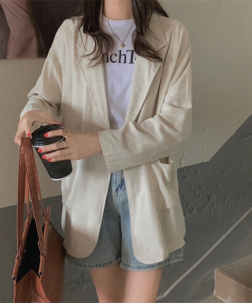 me+em select（ミームセレクト）の「リネンライクオーバーテーラードジャケット（テーラードジャケット・レディース・ブラック/ベージュ/ブラウン/グリーン・FREE）」の3枚目の写真